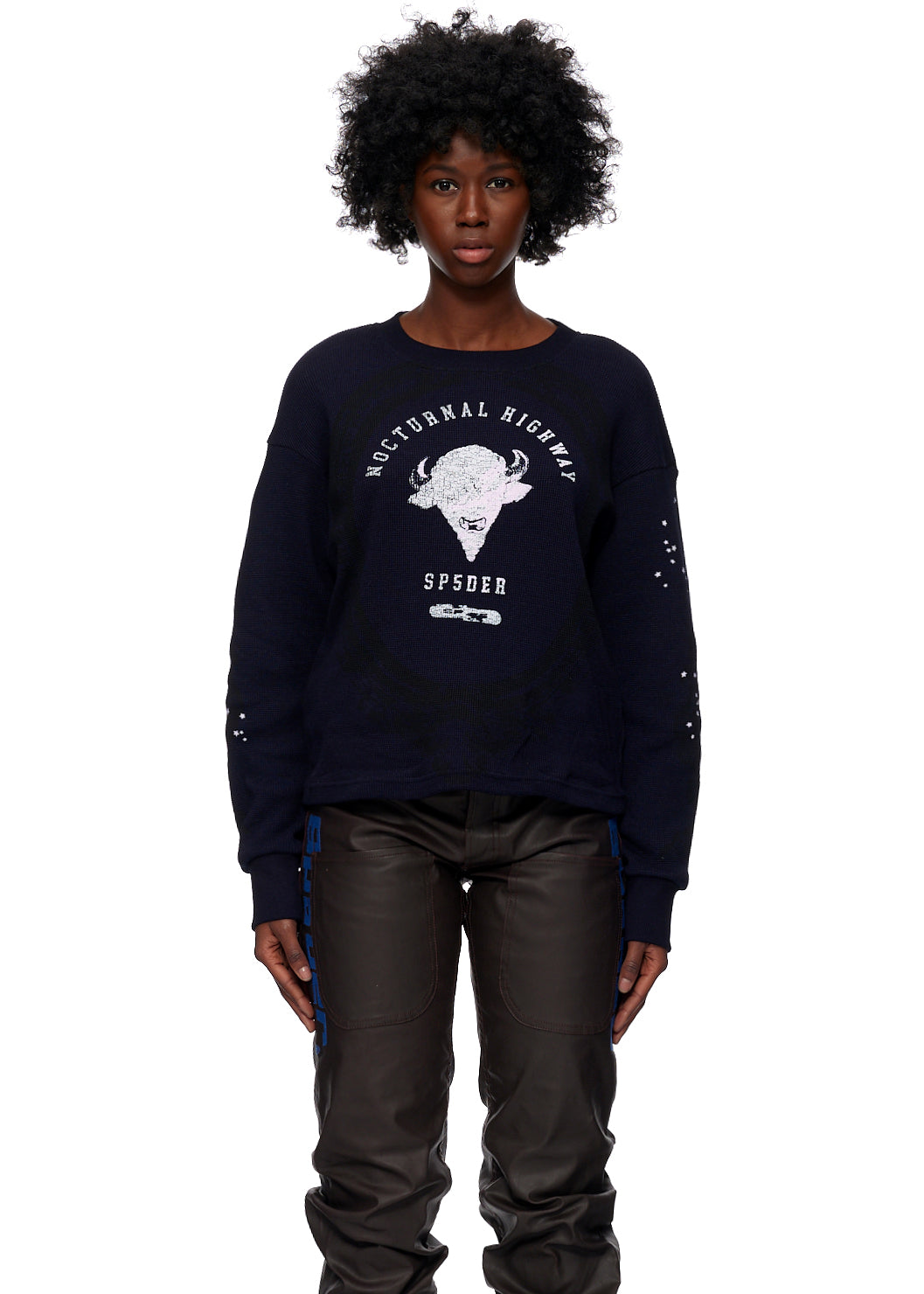 Navy 10oz waffle thermal with "NOCTURNAL HIGHWAY" graphic, cropped and fitted.