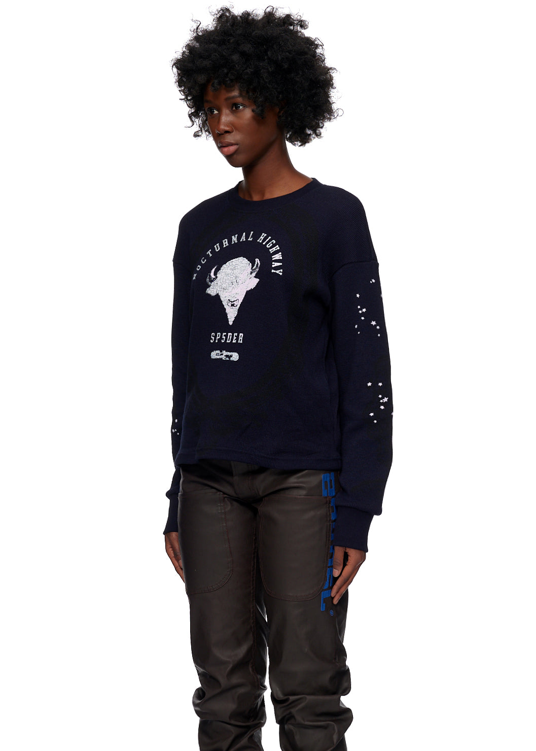Navy 10oz waffle thermal with "Nocturnal Highway" graphic, spider logo, and star accents.