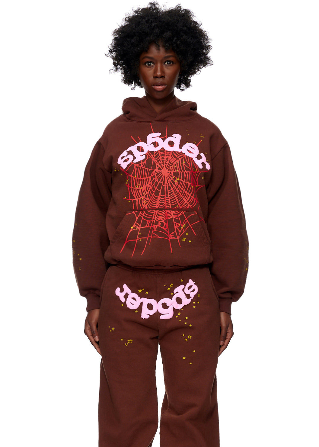 Brown 23oz fleece WEB HOODIE and sweatpants with pink SP5DER web and star prints.