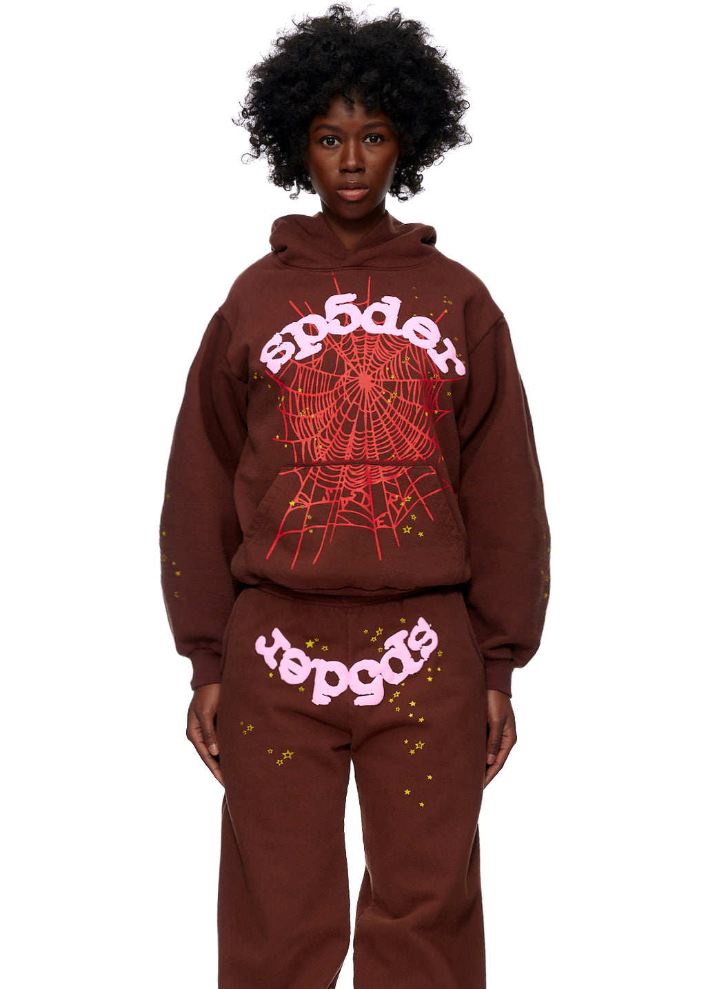 Brown 23oz fleece WEB HOODIE and sweatpants with pink SP5DER web and star prints.