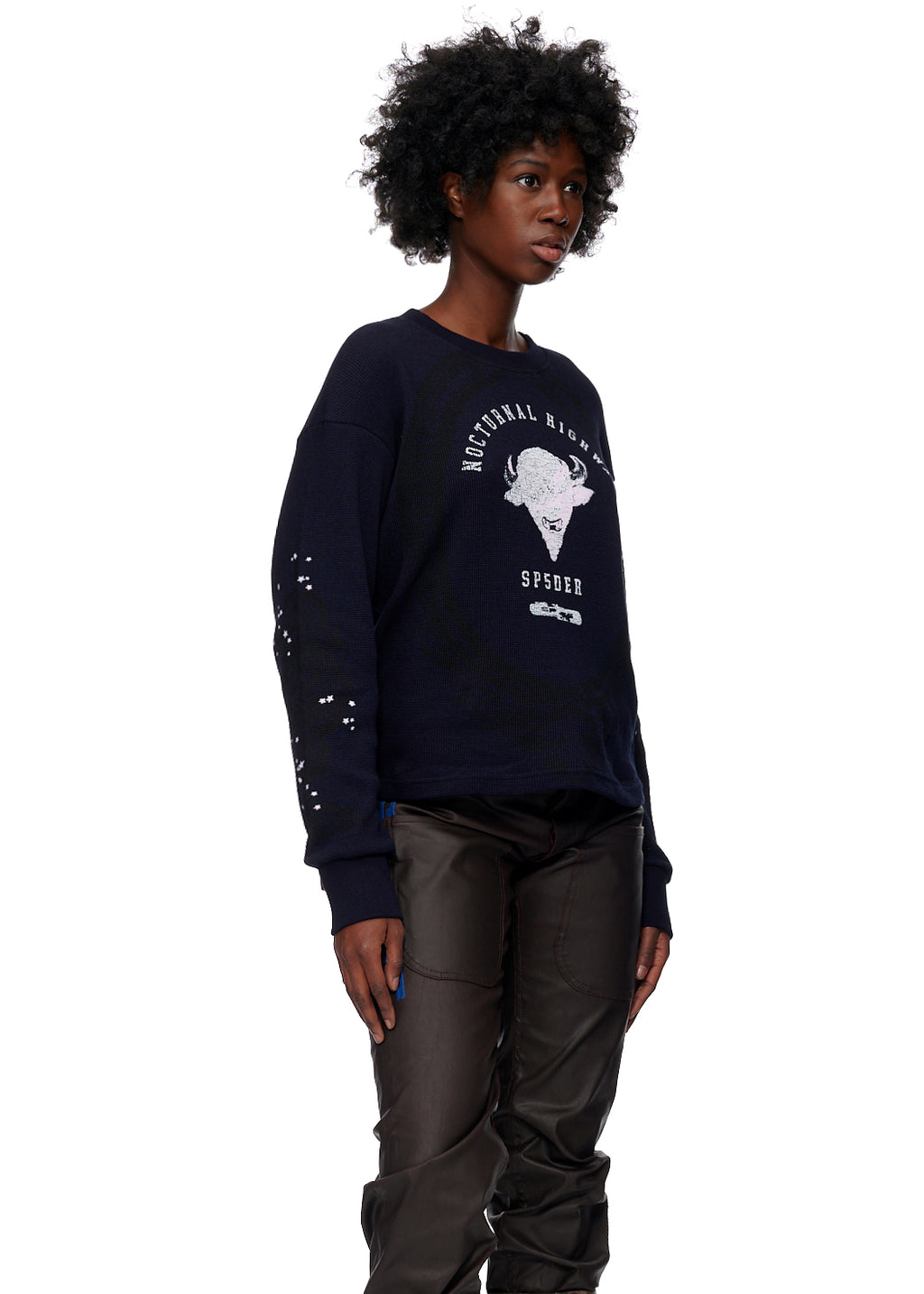 Navy 10oz waffle thermal with tonal and contrasted graphic print, cropped and fitted.