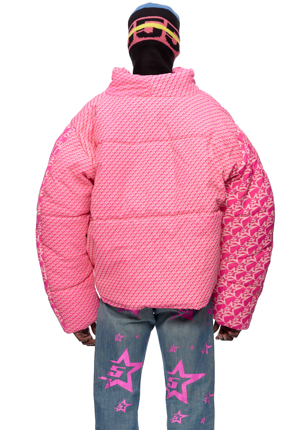 Pink 5STAR P*NK puffer jacket with all-over hand-printed design, satin lining, and custom dye.