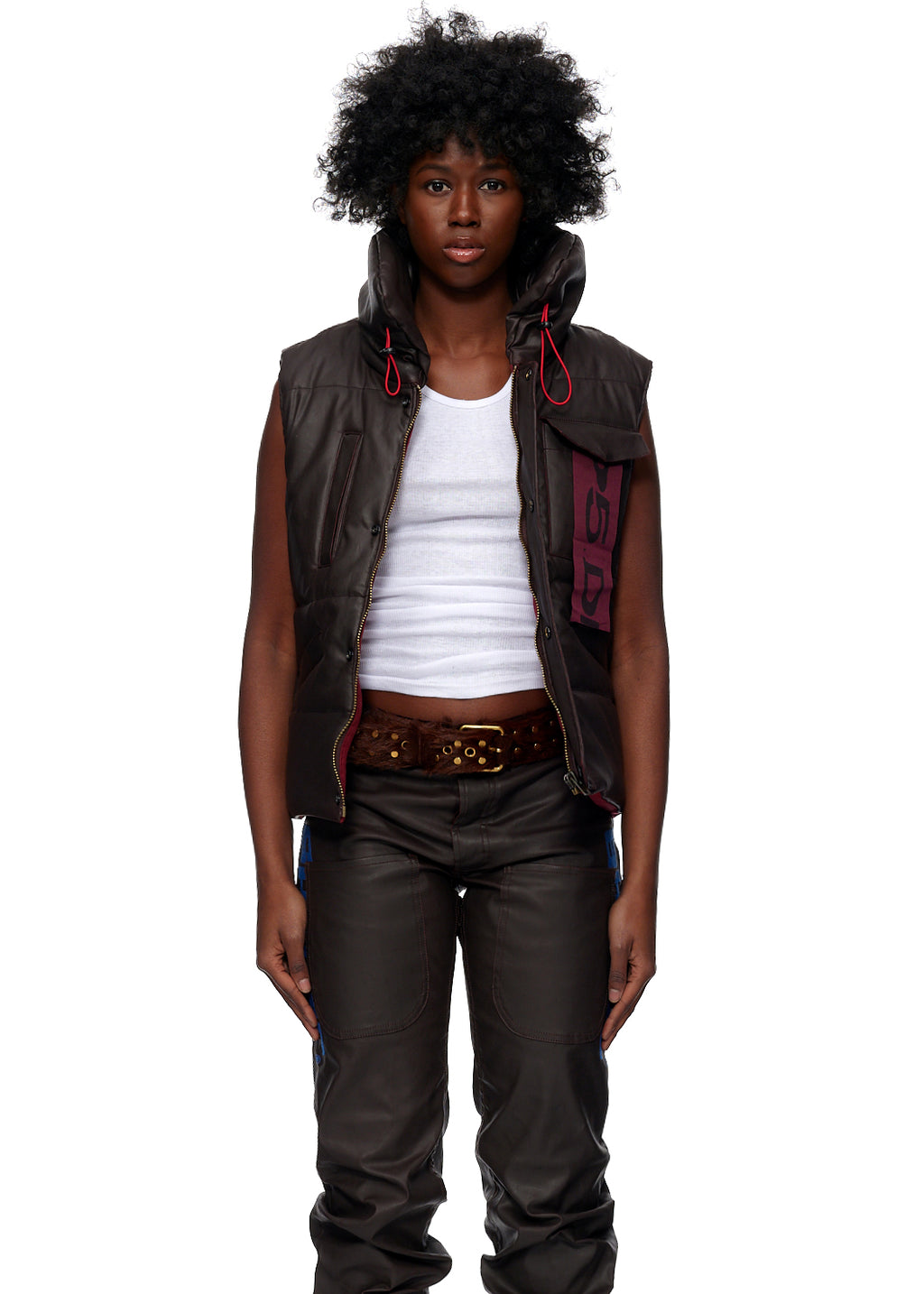 Brown coated canvas hooded puffer vest with red drawstrings and SP5DER label.