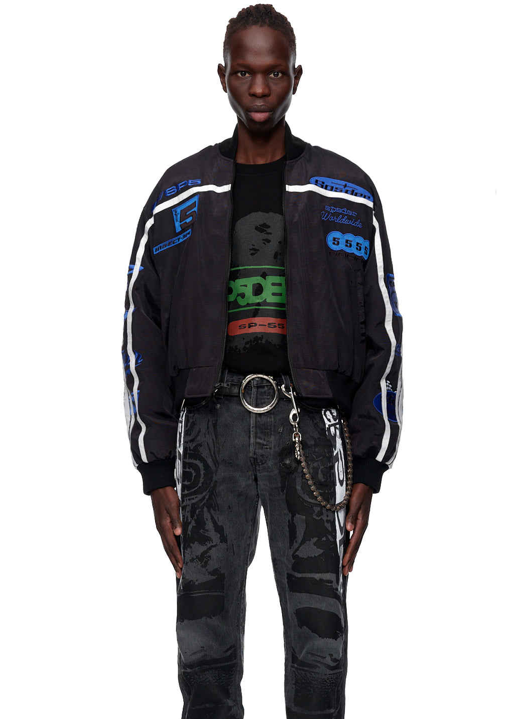 Black satin bomber jacket with blue and white racing stripes, worn by a male model.