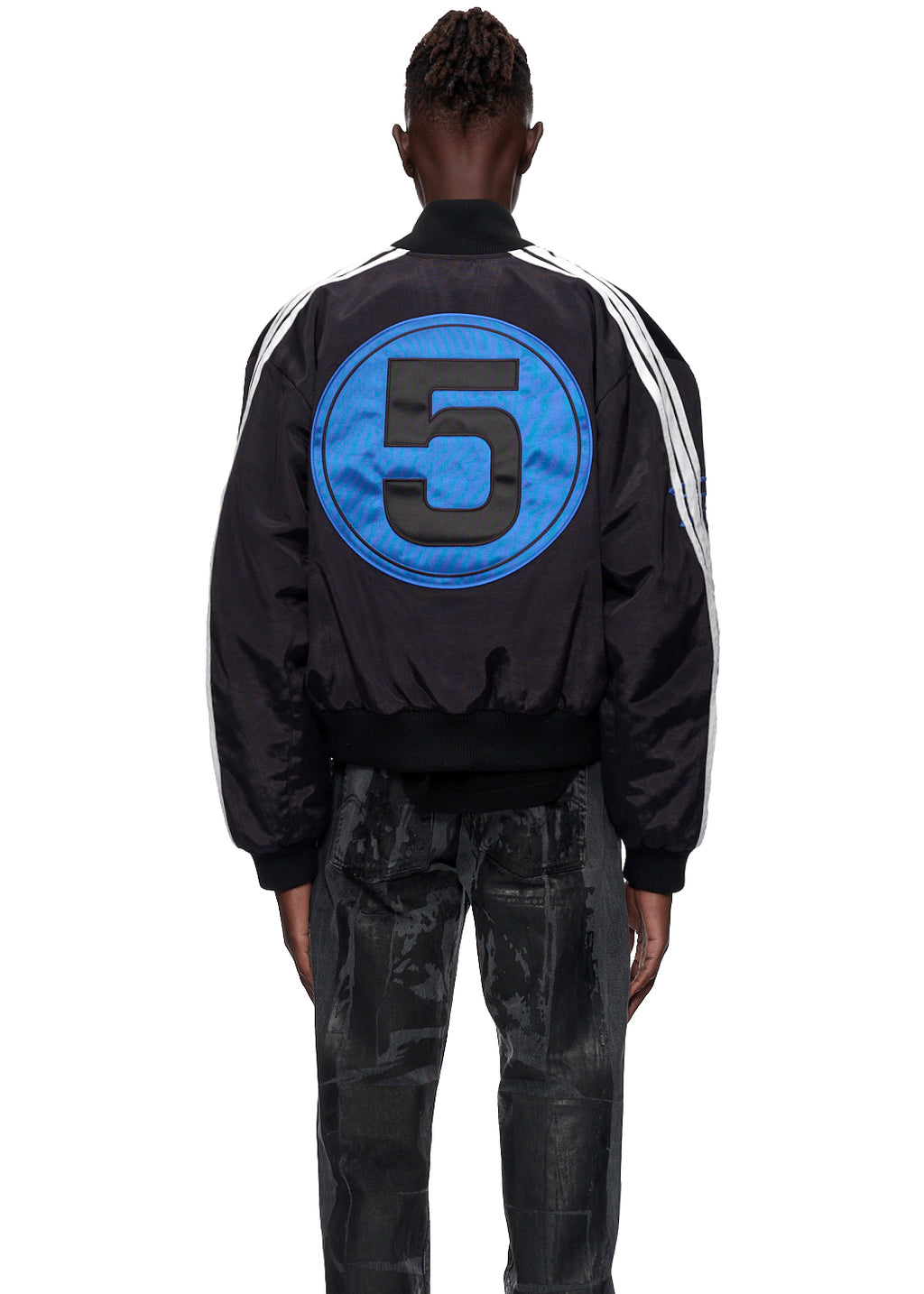 Black satin bomber jacket with blue "5" graphic on back, white sleeve stripes, and matte black zipper.