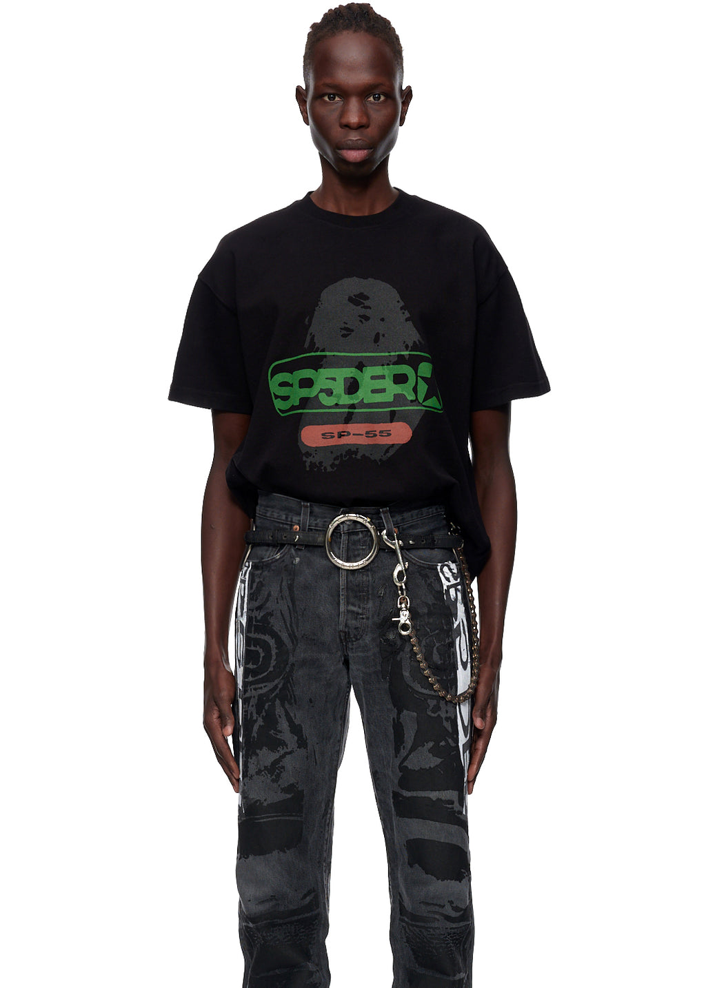 Black oversized cotton jersey tee with green and red "SPSDER SP-55" graphic.