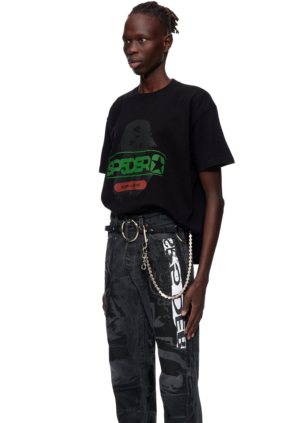 Black oversized combed cotton jersey tee with green and red graphic, worn by a model.