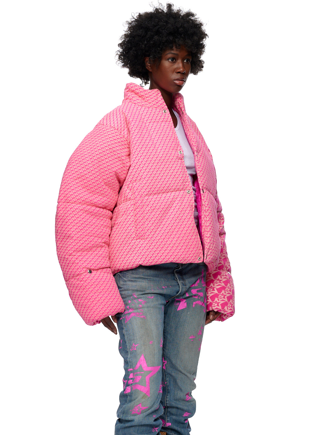Pink 5STAR P*NK PUFFER JACKET with all-over hand-printed "5 Star" design, 100% cotton twill.