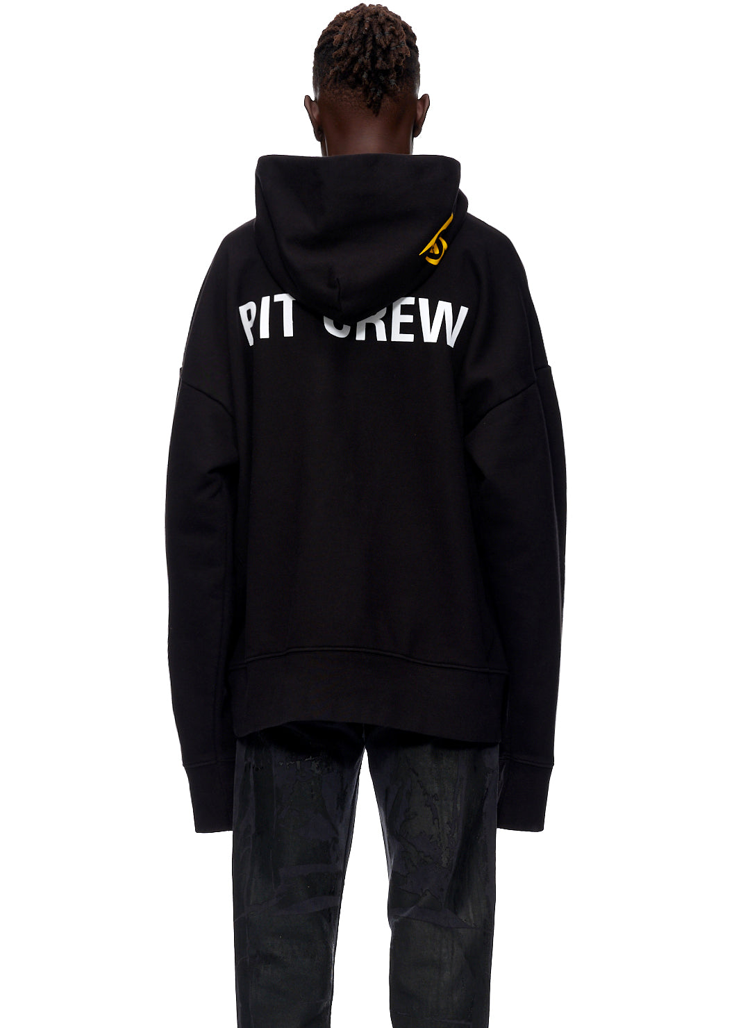 Black oversized Pit Crew hoodie, 23oz French Terry, with white "PIT CREW" graphic on back and yellow hood graphic.