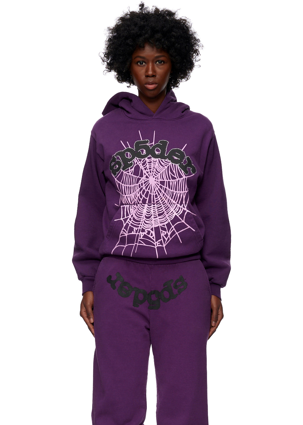 Purple WEB HOODIE and sweatpants with pink SP5DER web print and black puff print logo.
