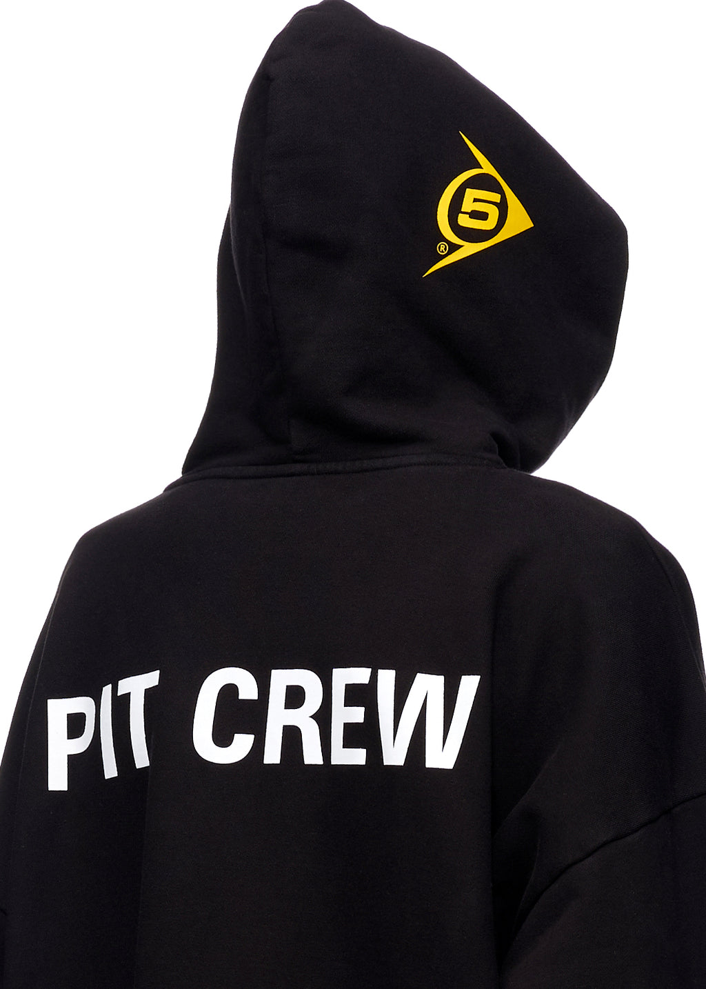 Black oversized Pit Crew hoodie with yellow 5 logo on hood.