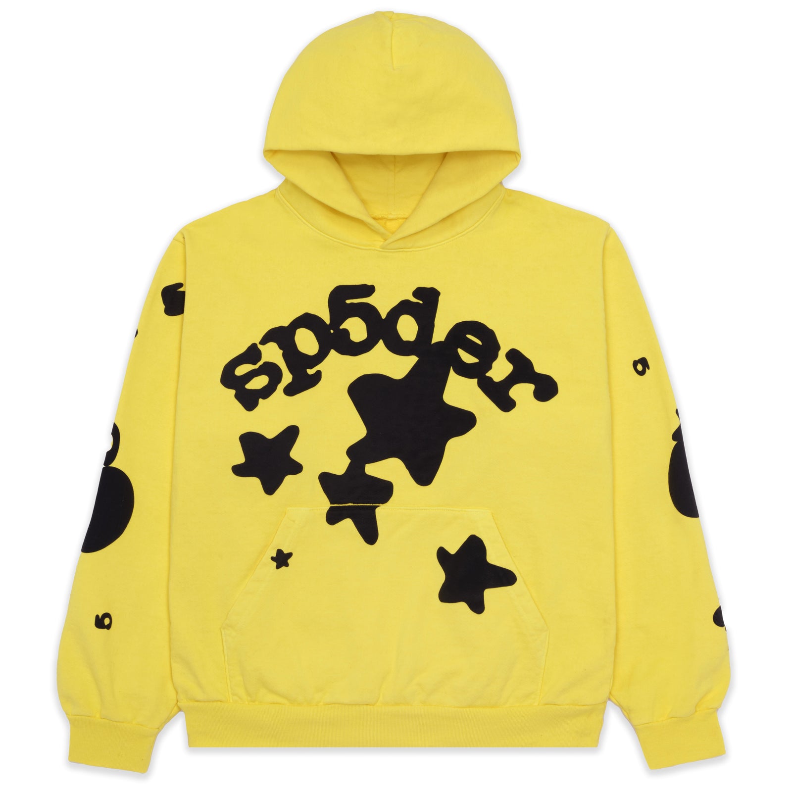 Yellow BELUGA HOODIE with black 'SP5DER' text and stars, 23oz fleece.