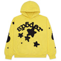Yellow BELUGA HOODIE with black 'SP5DER' text and stars, 23oz fleece.