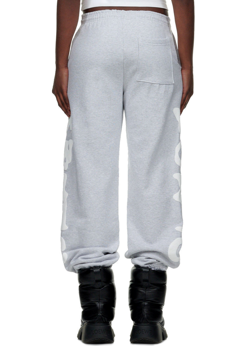 Gray BELUGA SWEATPANT, 23oz fleece, with white 'Worldwide' puff/discharge print down both legs.
