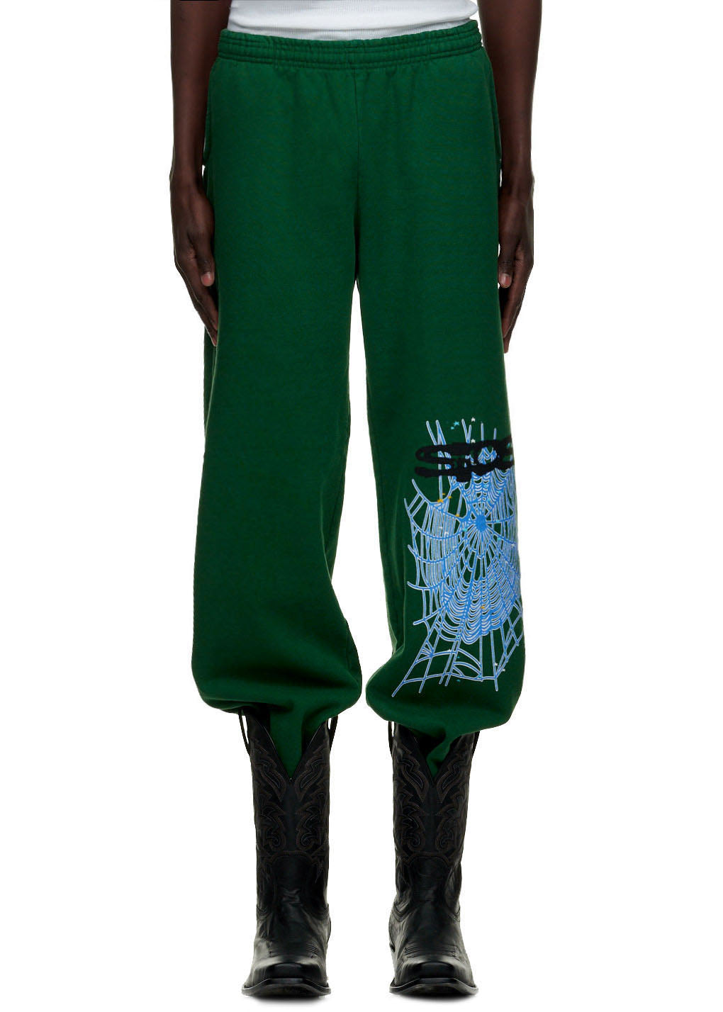 Green 23oz fleece WEB SWEATPANT with blue web and black SP5DER puff print on left leg.