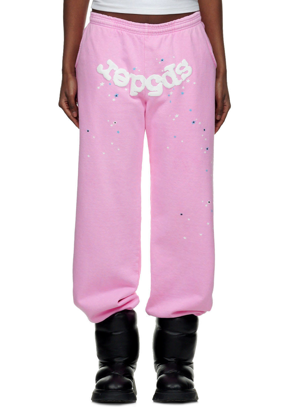Pink ATLANTA SWEATPANT with white puff print "Sp5der" logo and scattered star prints.