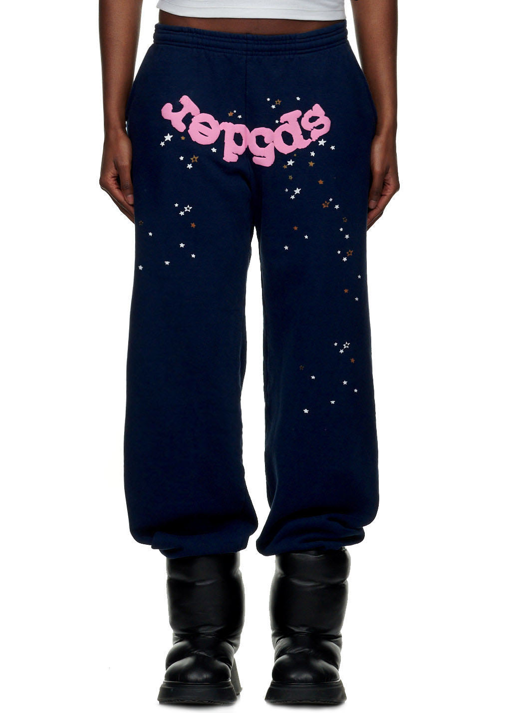 Navy 23oz fleece sweatpants with pink "Sp5der" puff print and scattered star discharge prints.
