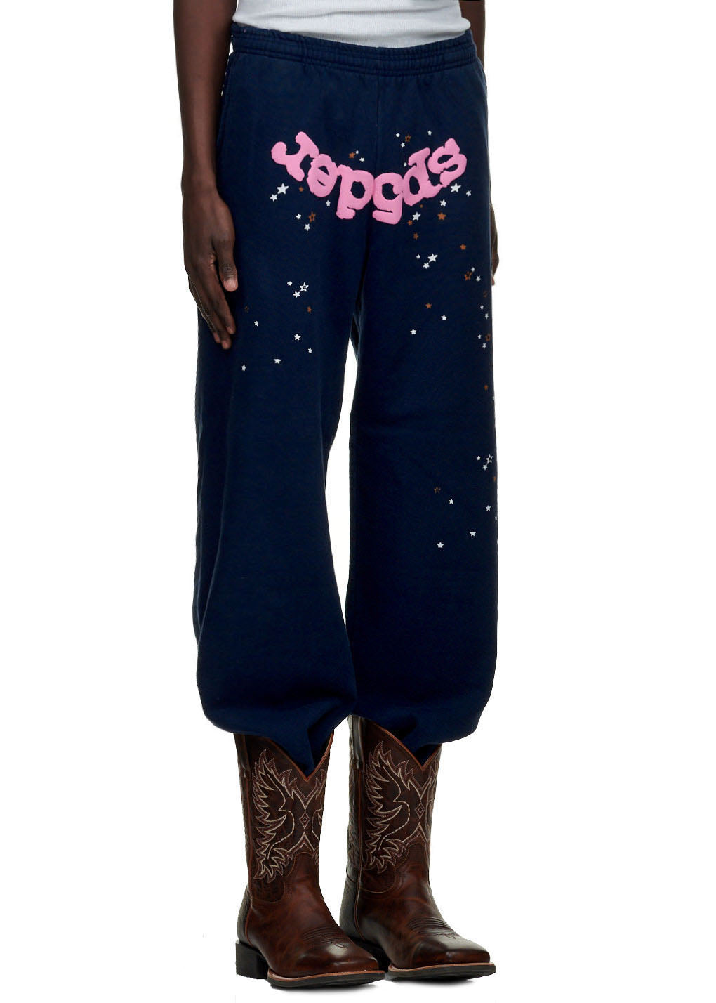 Navy ATLANTA SWEATPANT with pink "Sp5der" puff print and scattered star discharge print.
