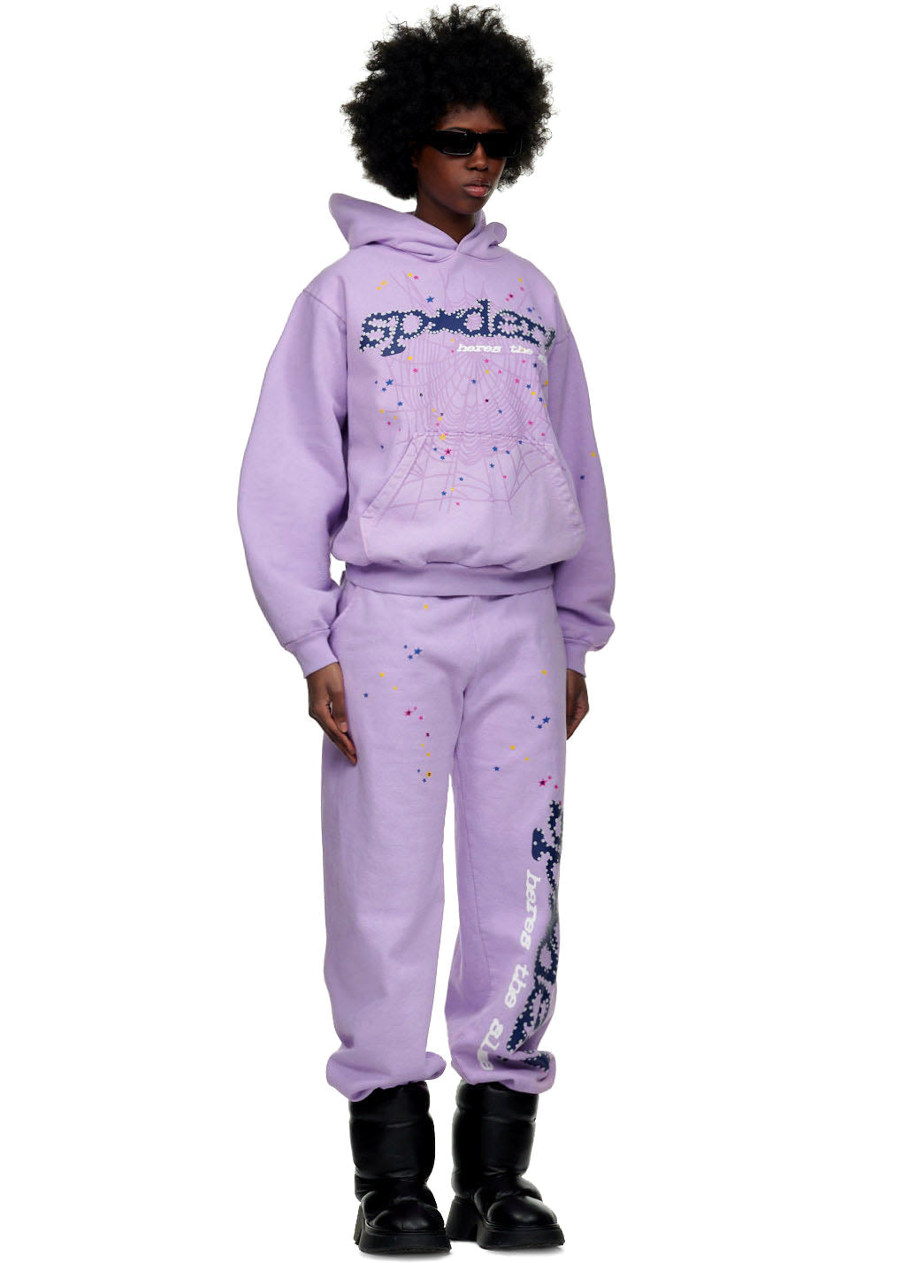 AÇAÍ SP5DER SWEATPANT and hoodie set, light purple 23oz fleece with spider web and star puff prints.