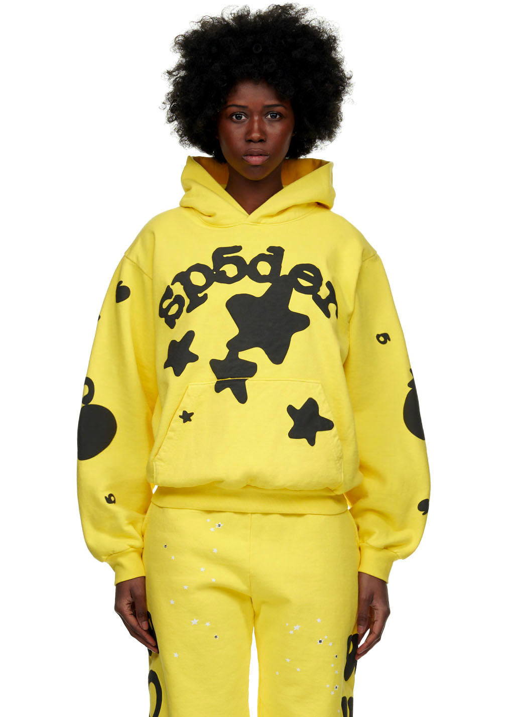 Yellow BELUGA HOODIE with black 'SP5DER' and star puff/discharge prints.