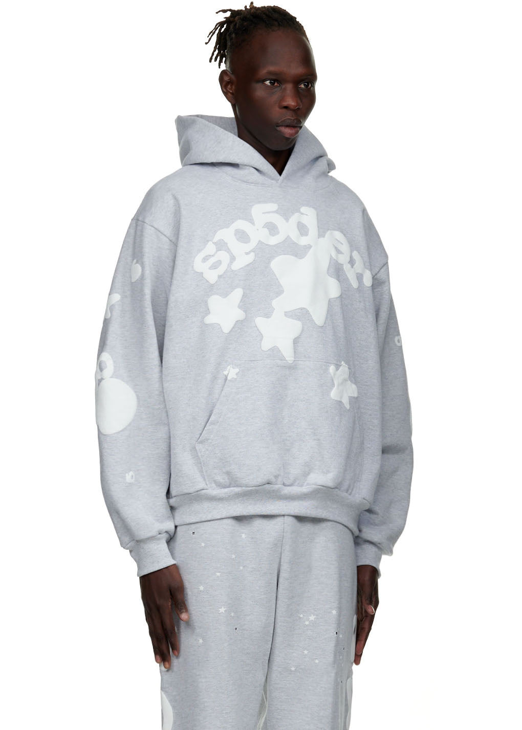 Gray 23oz fleece BELUGA HOODIE with white puff print 'SP5DER' and star design.