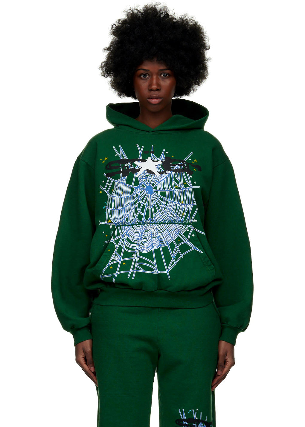Dark green fleece hoodie with white SP5DER text and blue spider web puff print.