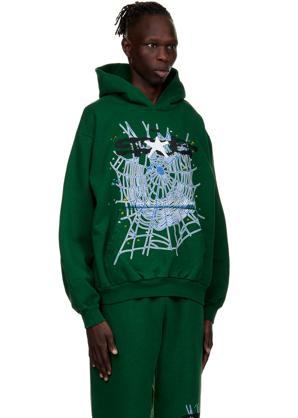 Green 23oz fleece WEB HOODIE with SP5DER text and web puff/discharge print.