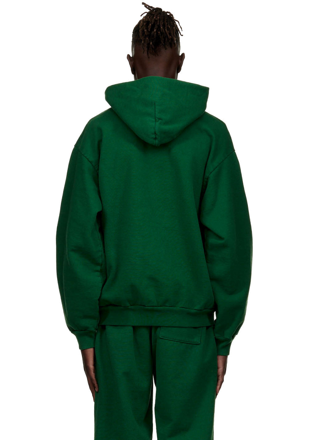 Back view of a dark green fleece hoodie and matching sweatpants.