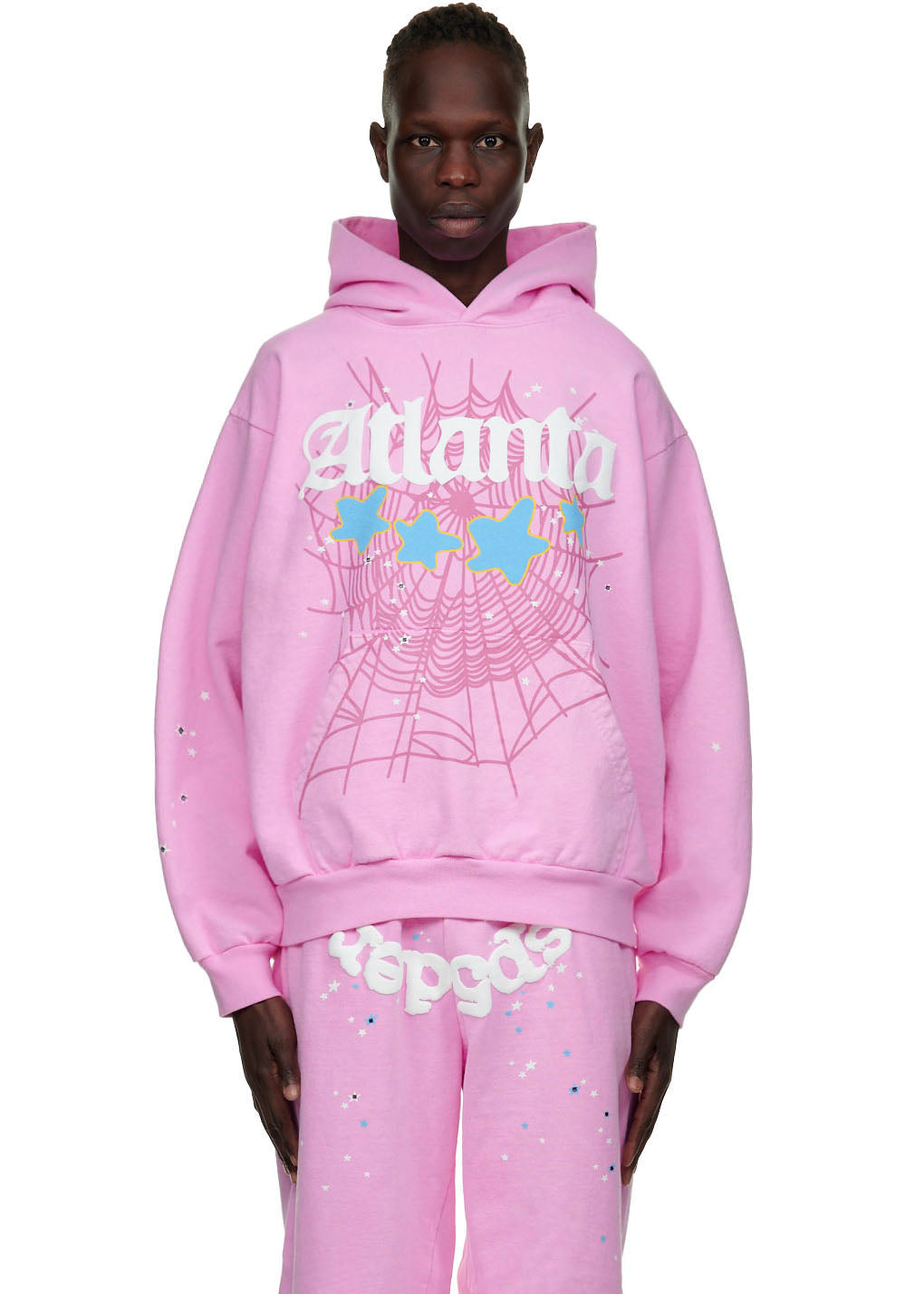 Pink ATLANTA HOODIE with white "Atlanta" puff print, blue stars, and spiderweb graphic.