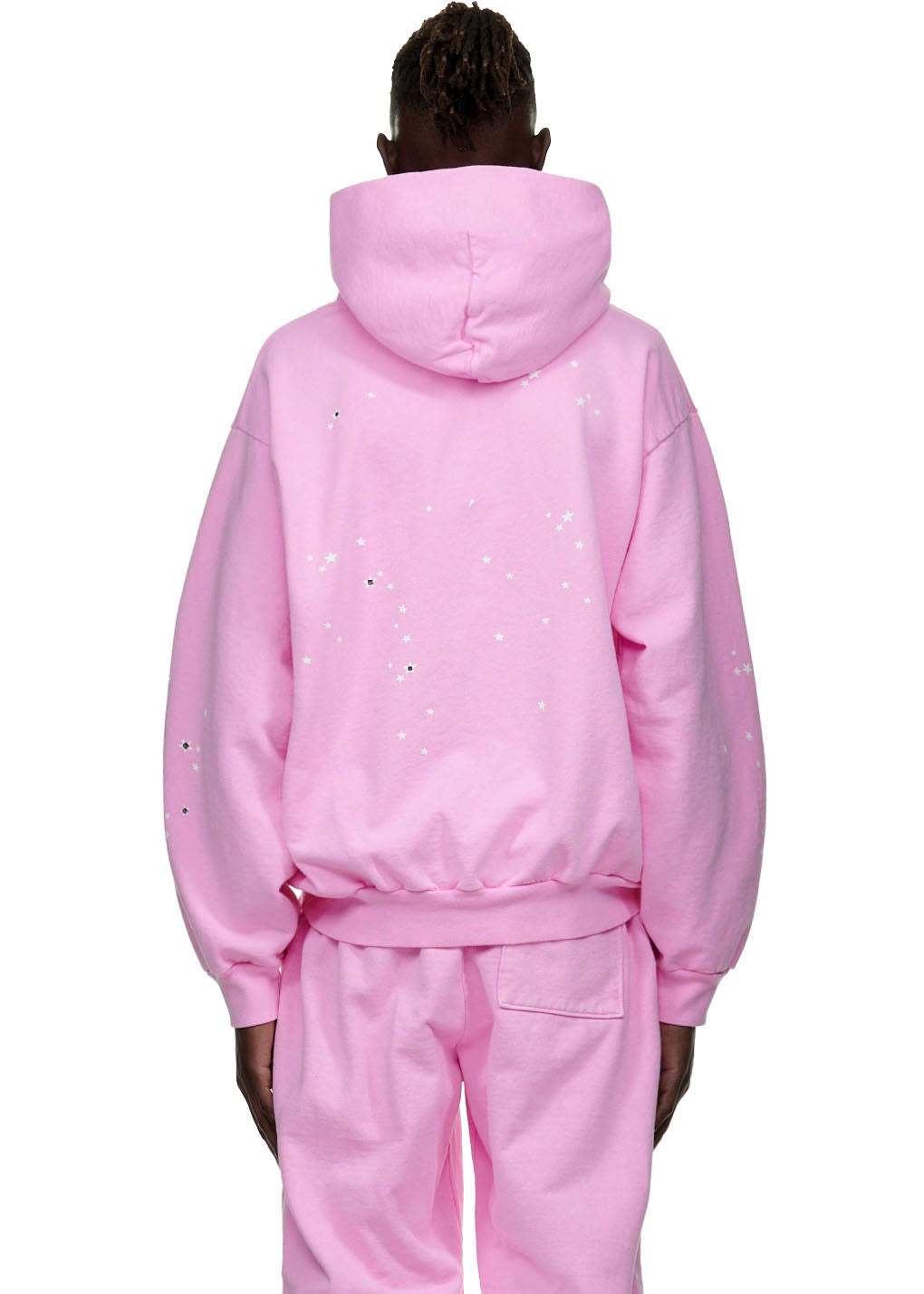 Pink ATLANTA HOODIE, 23oz fleece, with white and black star puff prints on the back.