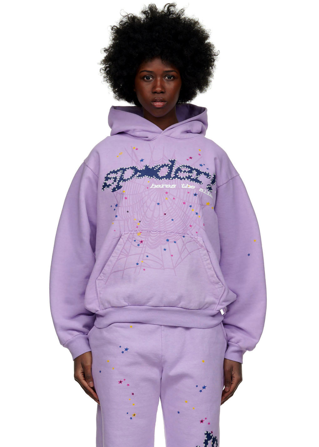 Lavender AÇAÍ SP5DER hoodie with puff print logo, web, and star designs.