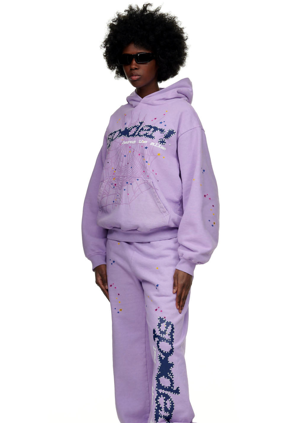 AÇAÍ SP5DER HOODIE and sweatpants in light purple with puff print spider web, stars, and logo.