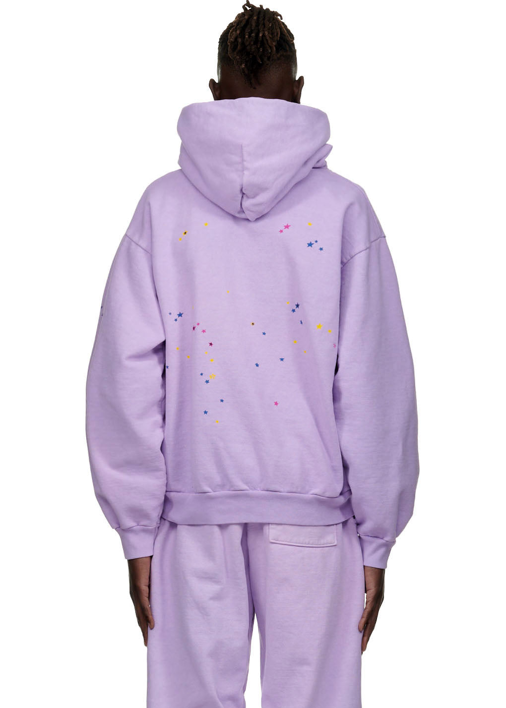 AÇAÍ SP5DER HOODIE, light purple 23oz fleece, with colorful star prints on the back.