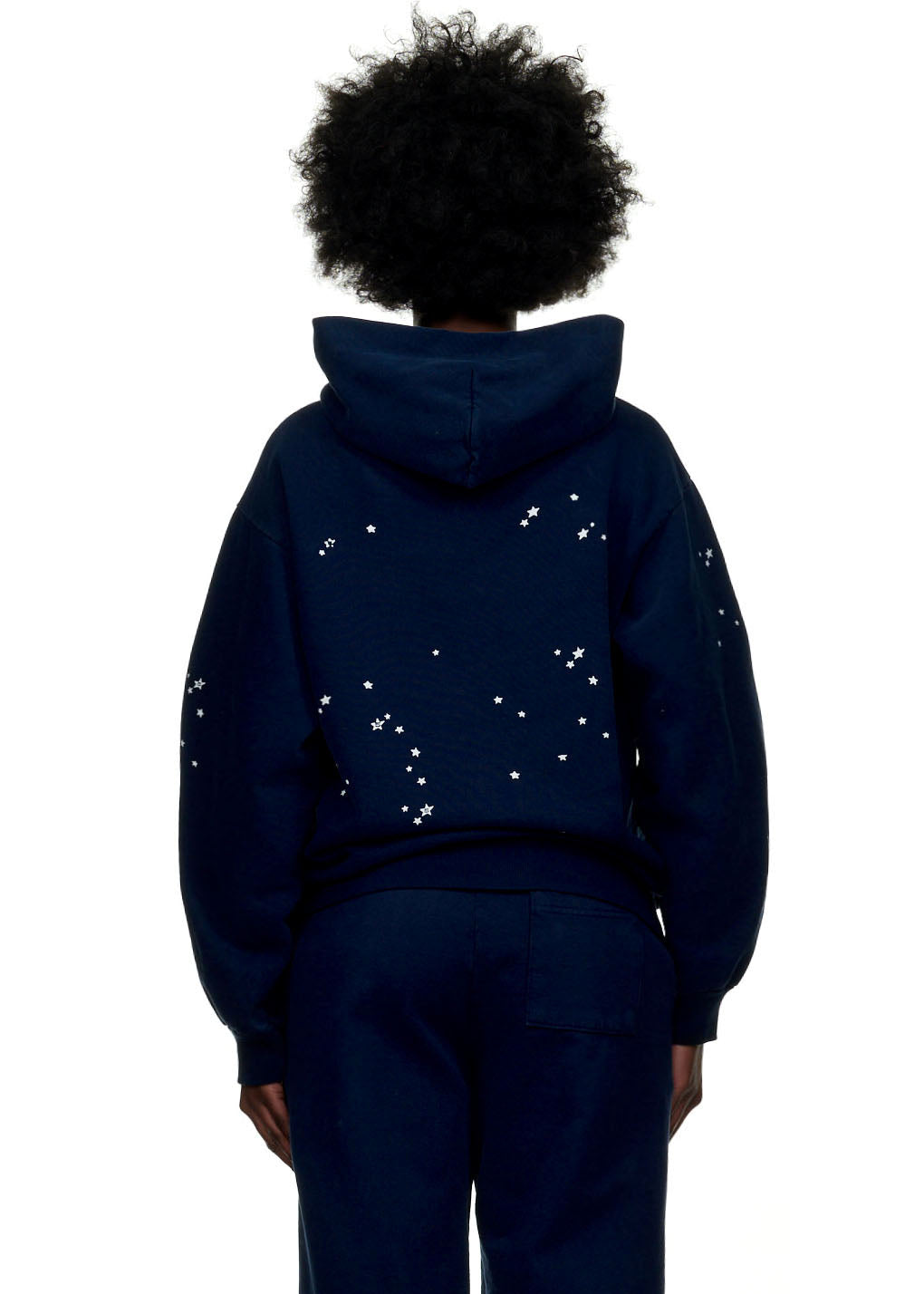 Navy ATLANTA HOODIE, 23oz fleece, with white star puff print on back and sleeves.