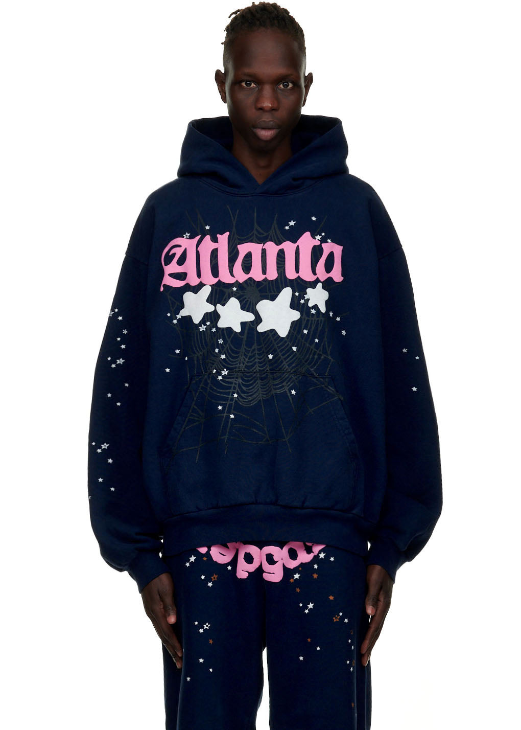 Navy 23oz fleece Atlanta hoodie with pink puff print, discharge print stars, and spiderweb graphic.