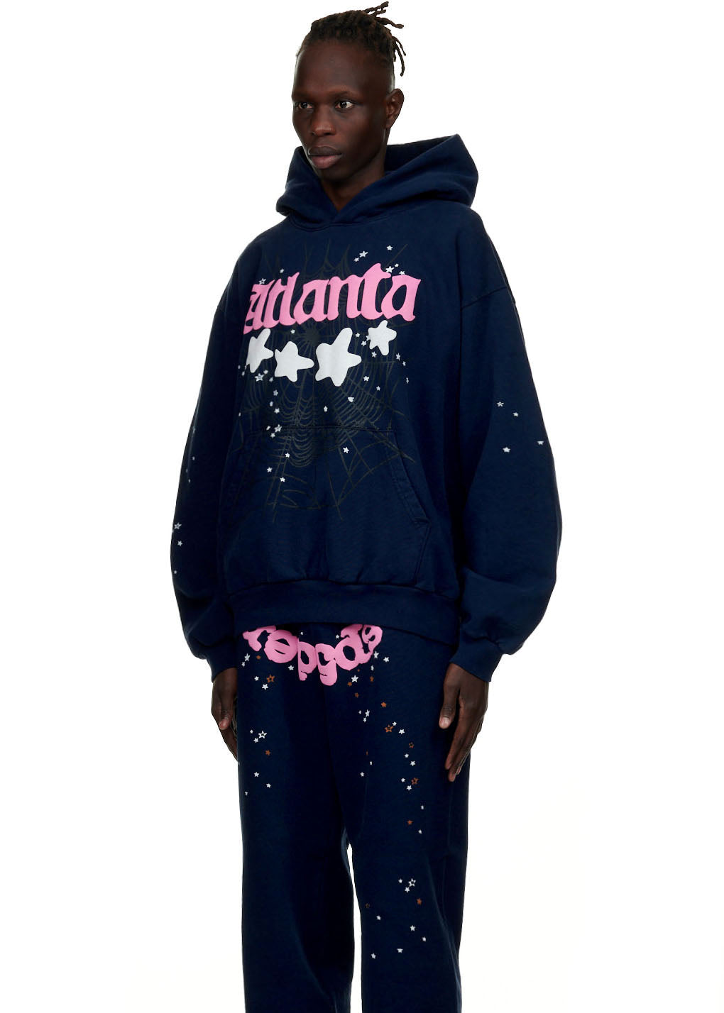 Navy 23oz fleece Atlanta hoodie with pink puff print, stars, and spiderweb design.