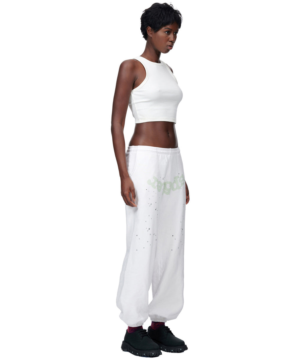 White adult sweatpants with green puff/discharge print and custom racing patch.