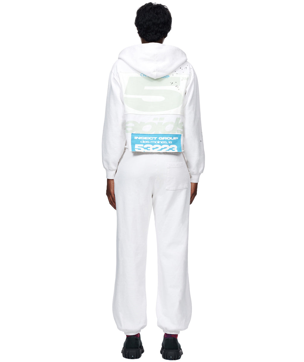 White cropped fleece hoodie with green "5" graphic and blue "INSECT GROUP" patch on back.