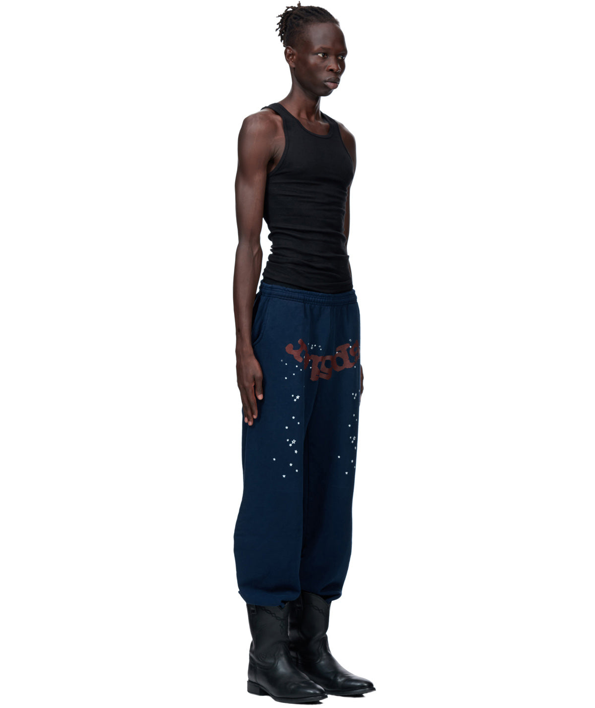 Navy 23oz fleece sweatpants with puff print, discharge print, and a racing patch applique.