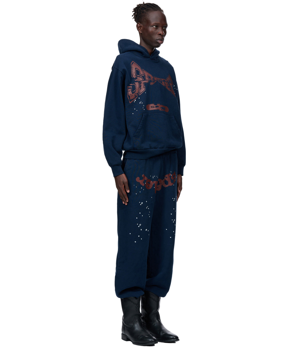 Navy blue adult fleece sweatshirt and sweatpants with brown puff print and white speckles.