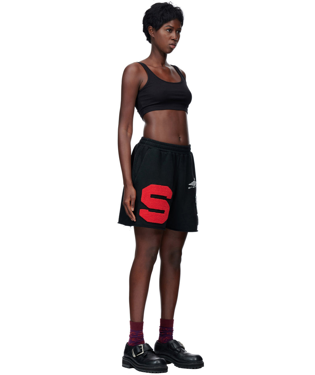 Black French terry CUT SWEATSHORT with red chenille 'S' patch and SP5DER embroidery.
