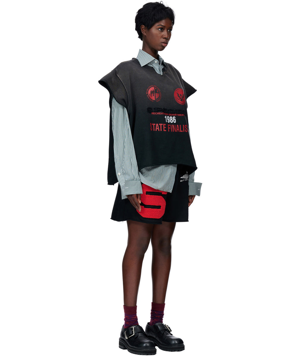 Black custom sun fade cut sweatshirt with red "STATE FINALIS" text and "55" flock applique.