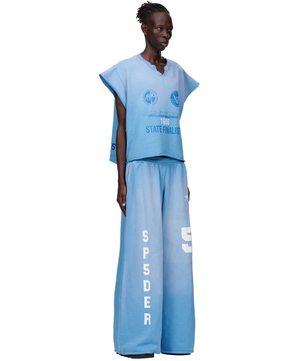 Blue sun fade French terry cut sweatshirt and wide-leg pants with SP5DER appliques and screen print.