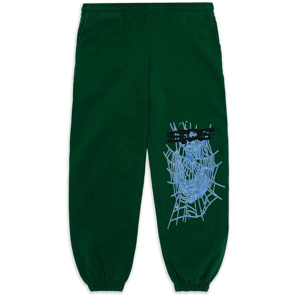 Dark green 23oz fleece sweatpants with "SP5DER" text and blue web print on the left leg.