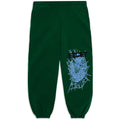Dark green 23oz fleece sweatpants with "SP5DER" text and blue web print on the left leg.