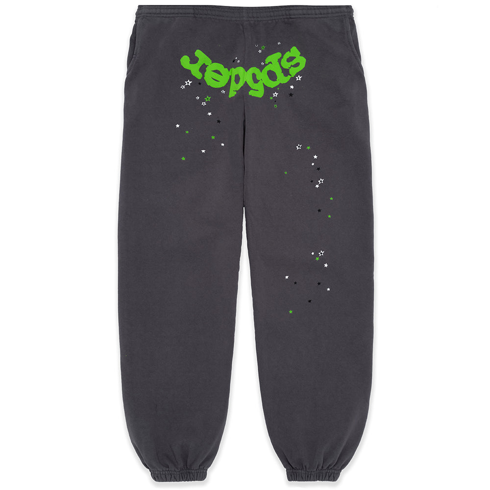 WAIT WEB SWEATPANT: Charcoal 23oz fleece sweatpants with green "sp5der" puff print and scattered stars.