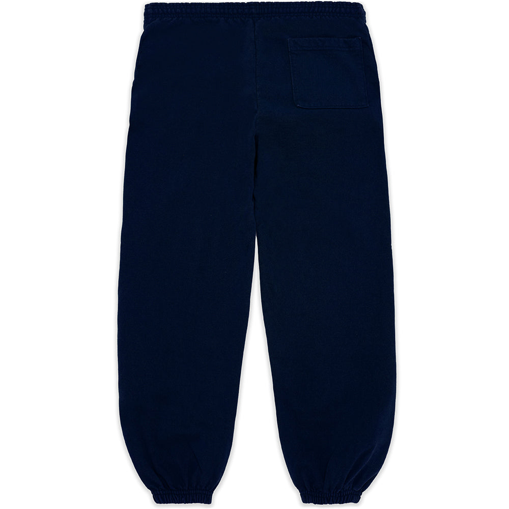 Navy blue fleece sweatpants with elastic cuffs and waistband, featuring a back pocket.