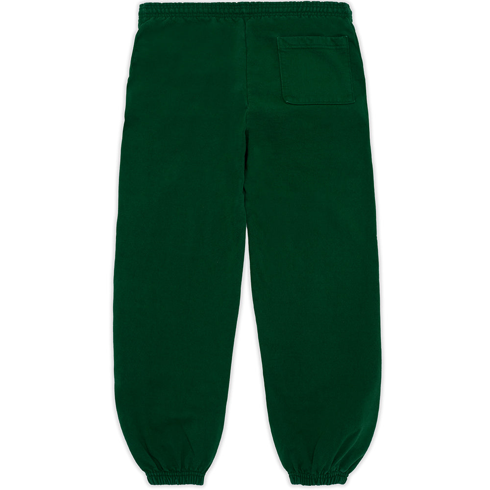 Dark green fleece sweatpants with elastic waist and cuffs, featuring a back right pocket.