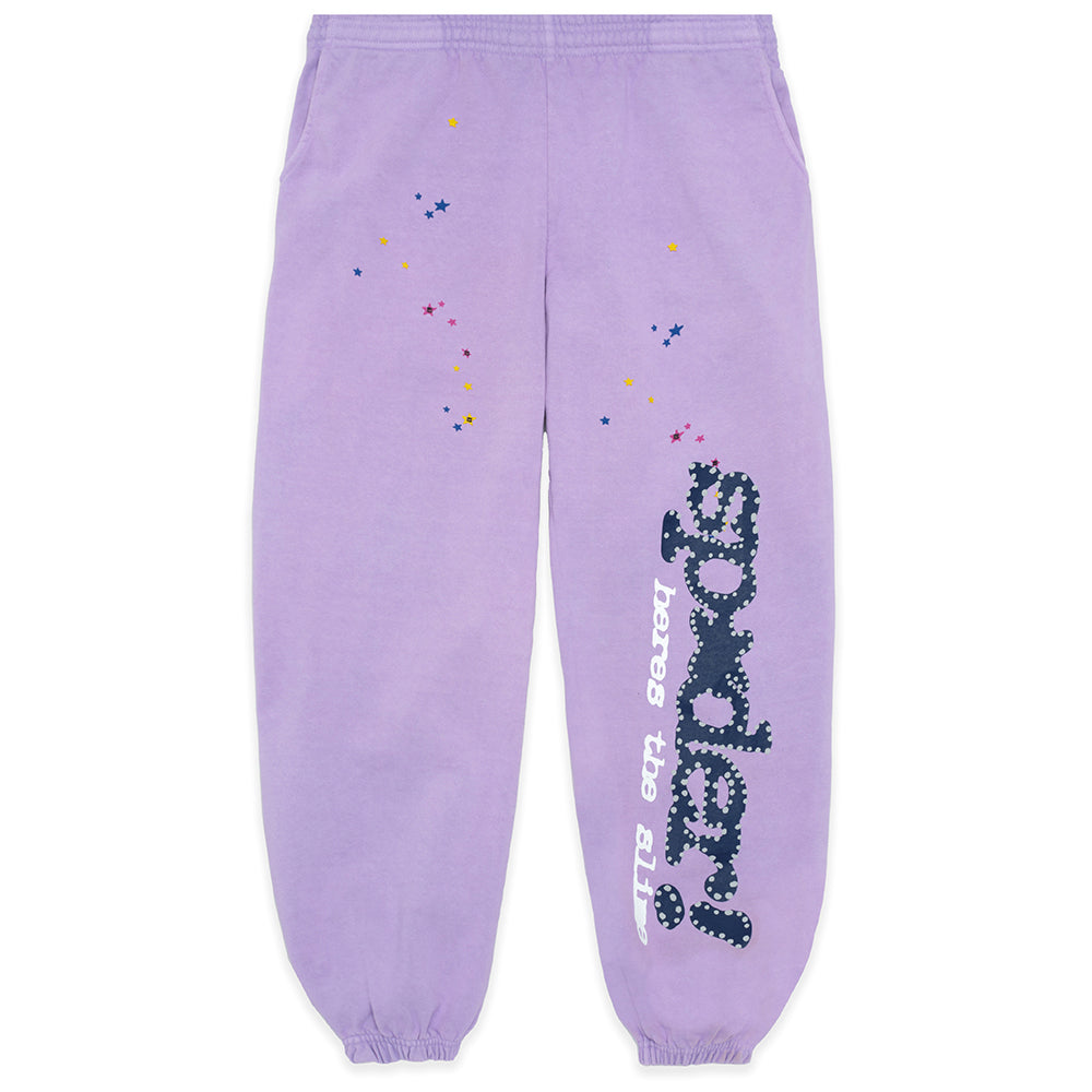AÇAÍ SP5DER SWEATPANT, purple 23oz fleece with SP5DER motif and colorful star prints.