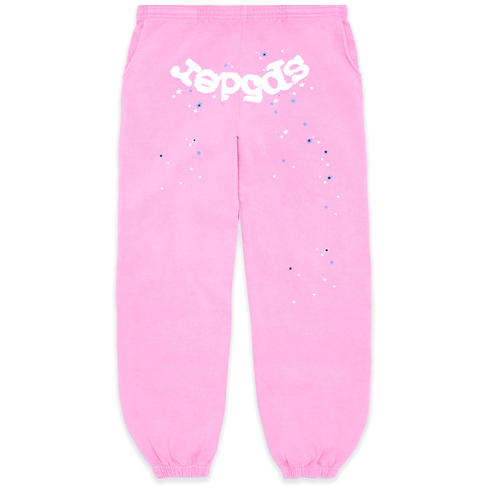 Pink ATLANTA SWEATPANT with white "Sp5der" puff print and scattered blue/white star design.